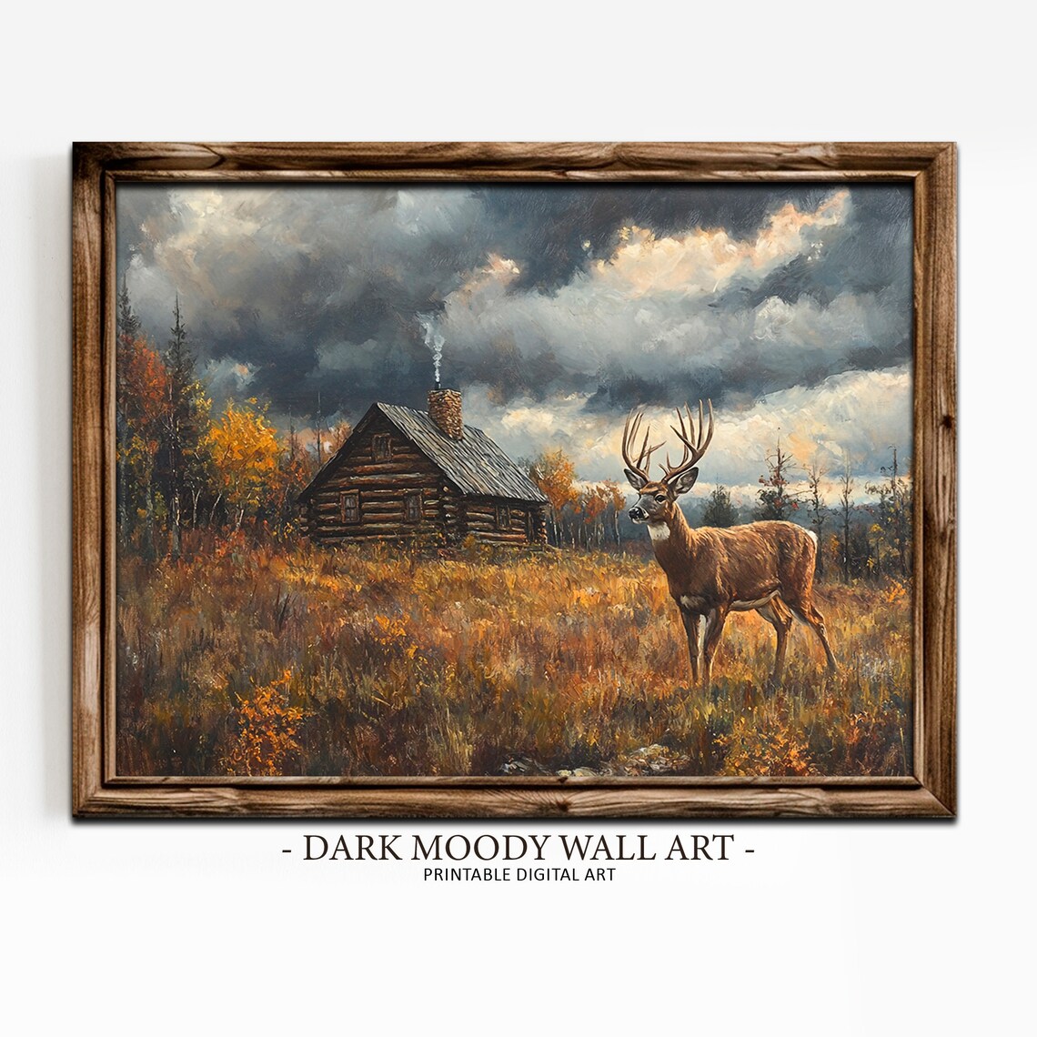 Rustic Log Cabin Deer Autumn Meadow Stormy Sky Painting Poster