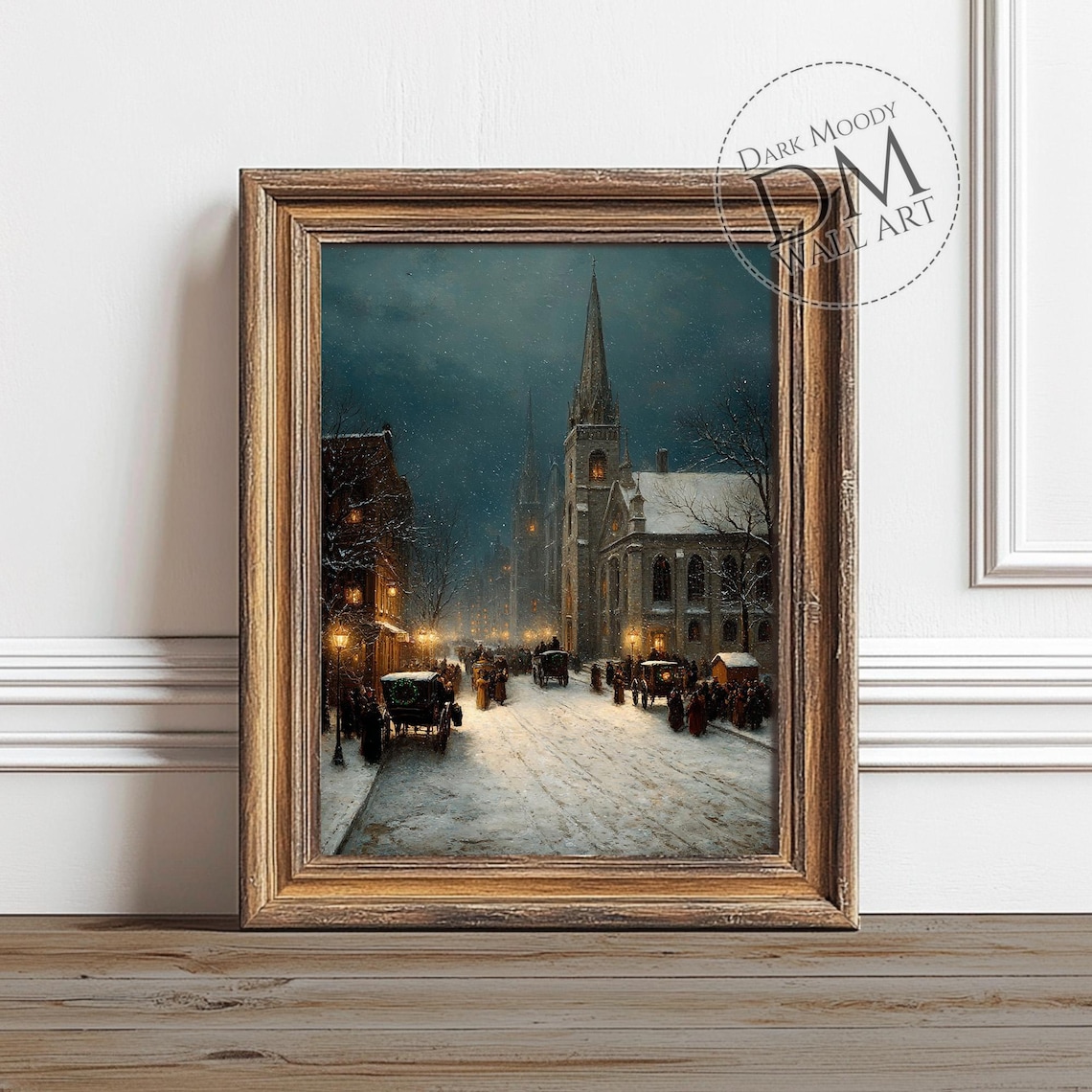 Victorian Christmas Church Snowy Street Night Vintage Oil Painting Poster