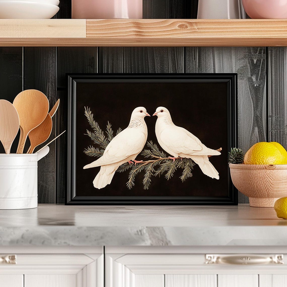 Two White Doves Christmas Winter Birds On Evergreen Branch Wall Art - Image 2