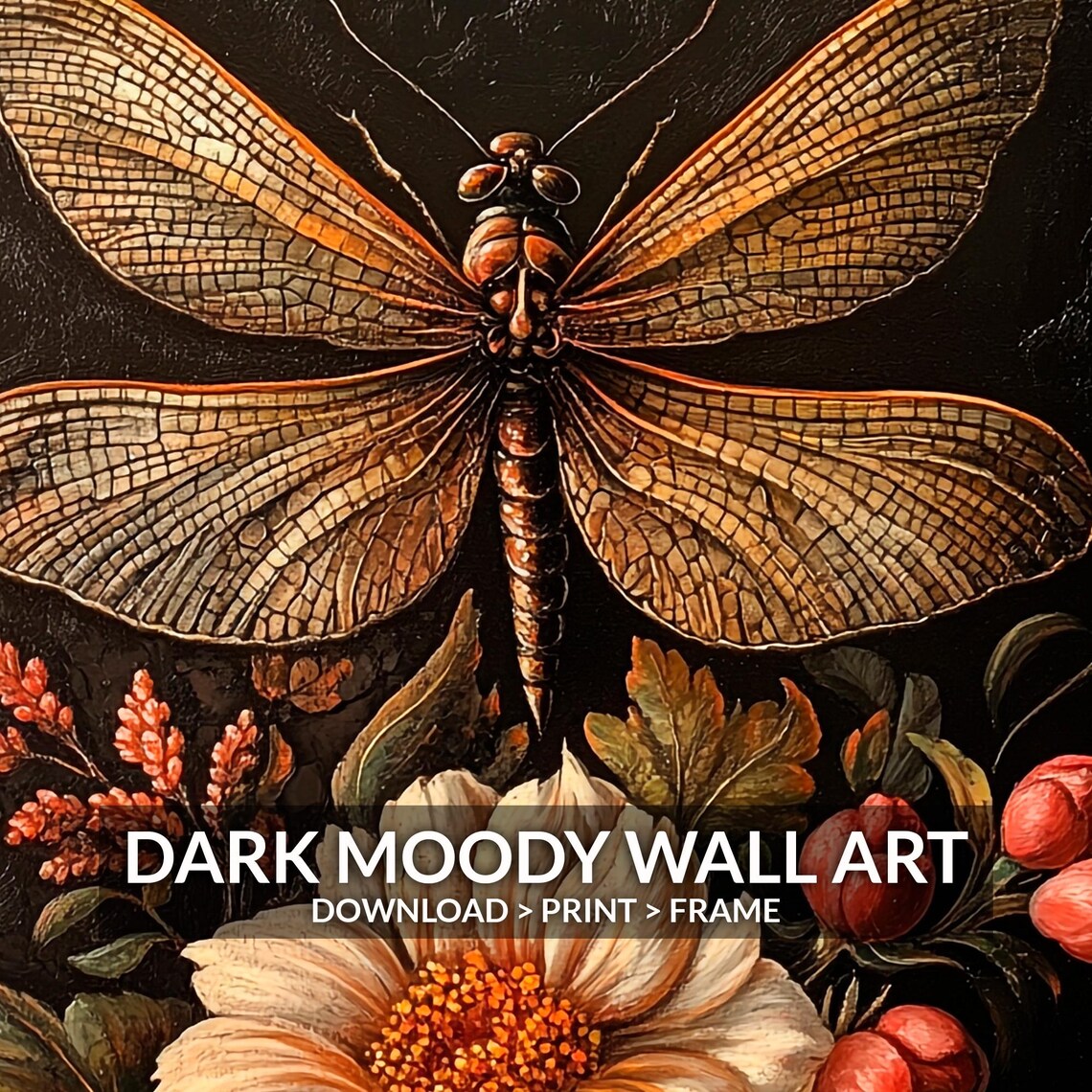 Golden Dragonfly Cream Dahlia Dark Botanical Vintage Floral Still Life Poster - Image 6