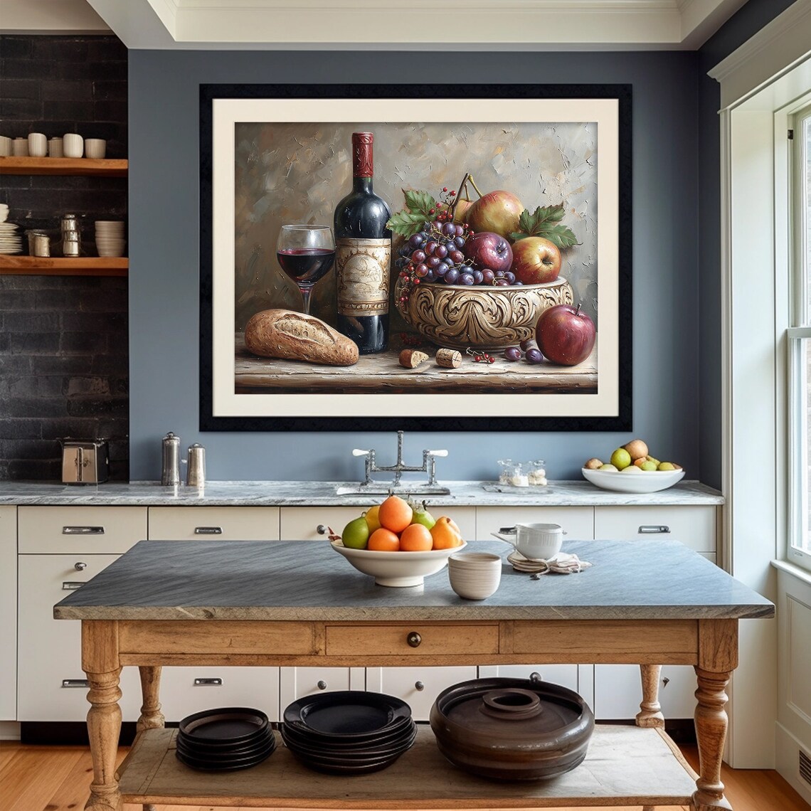 Vintage Wine Bottle Fruit Bowl Still Life Oil Painting Wall Art - Image 3