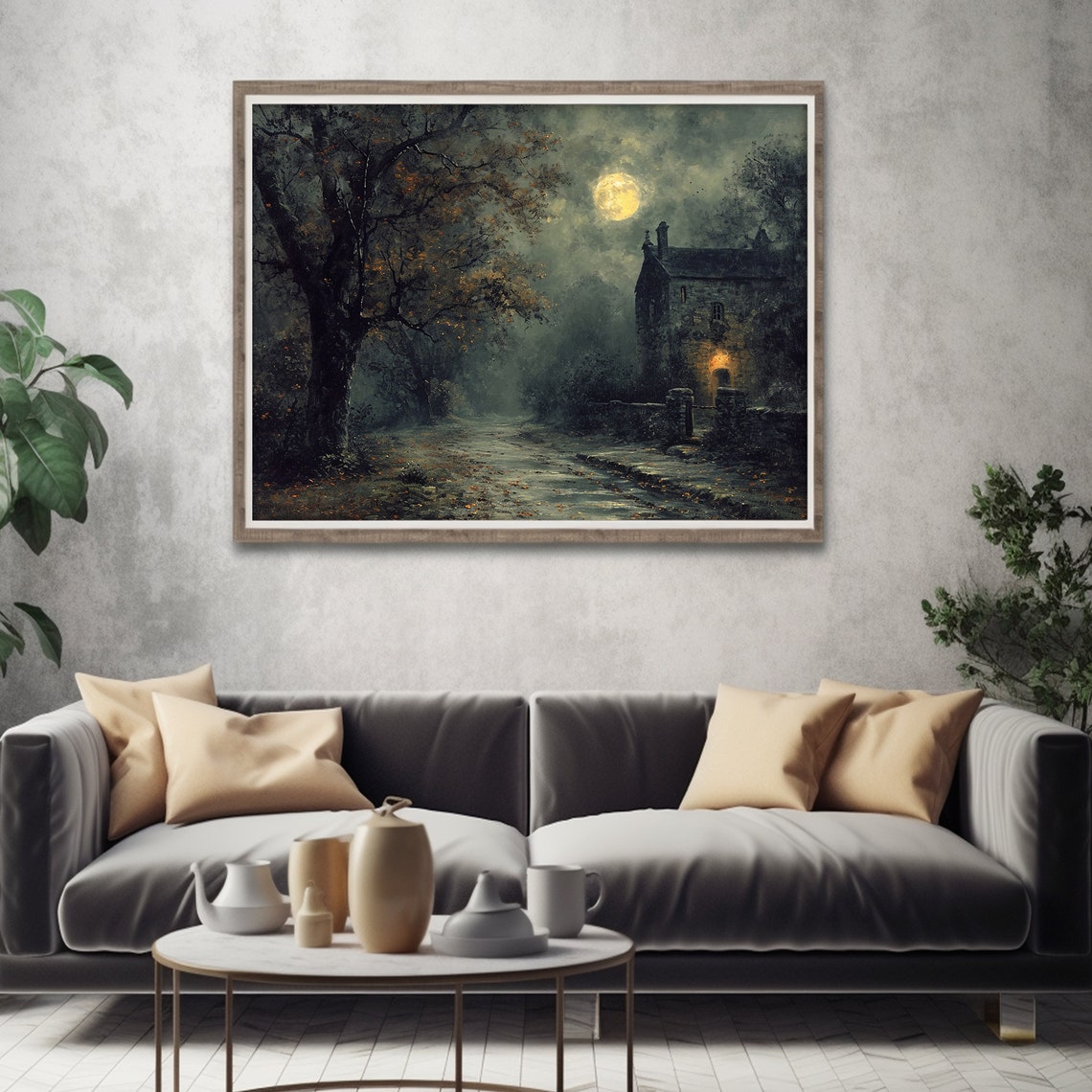 Moonlit Stone Village House Under a Full Moon Night Landscape Poster - Image 5