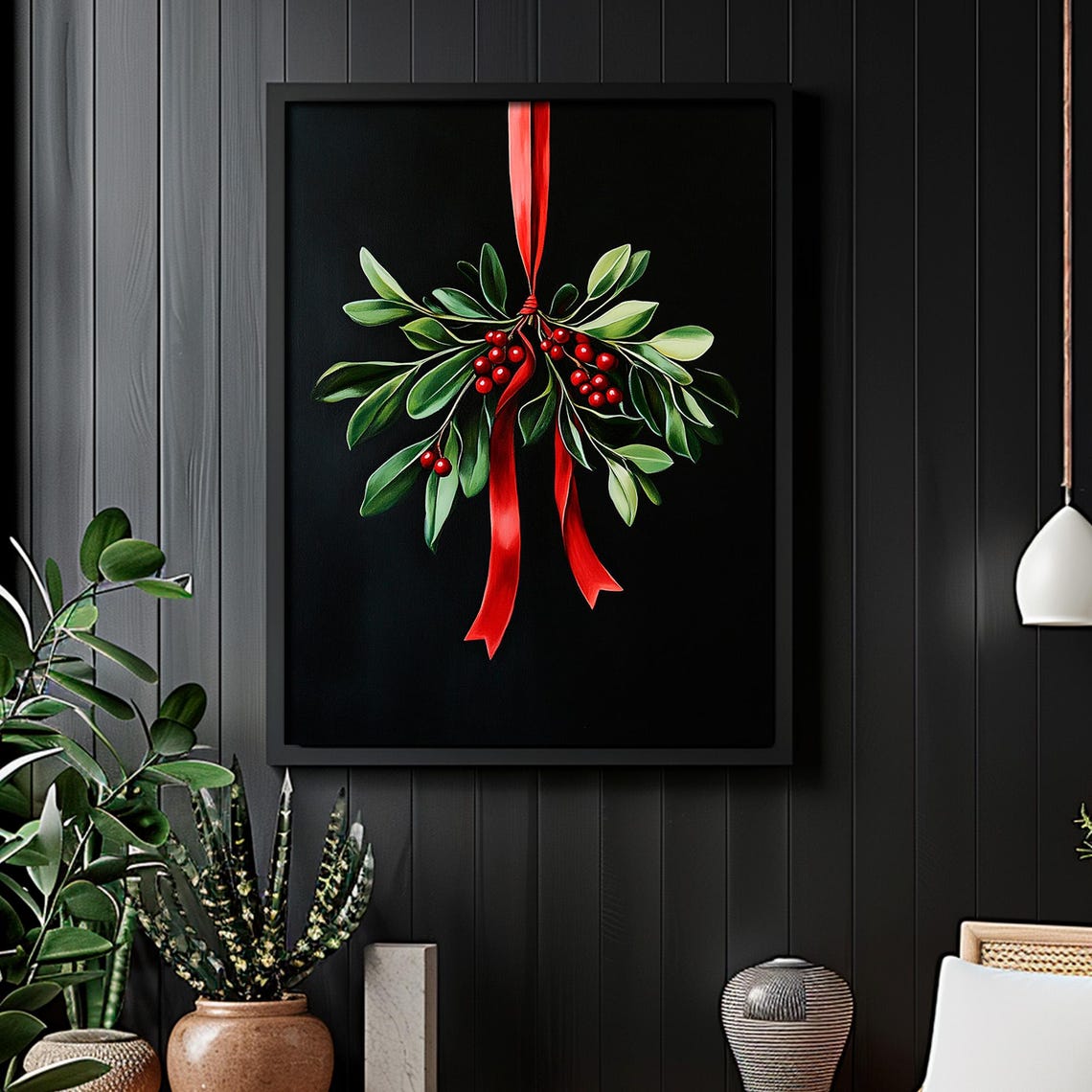 Vintage Holiday Greenery With Red Berries And Red Ribbon Wall Art - Image 2