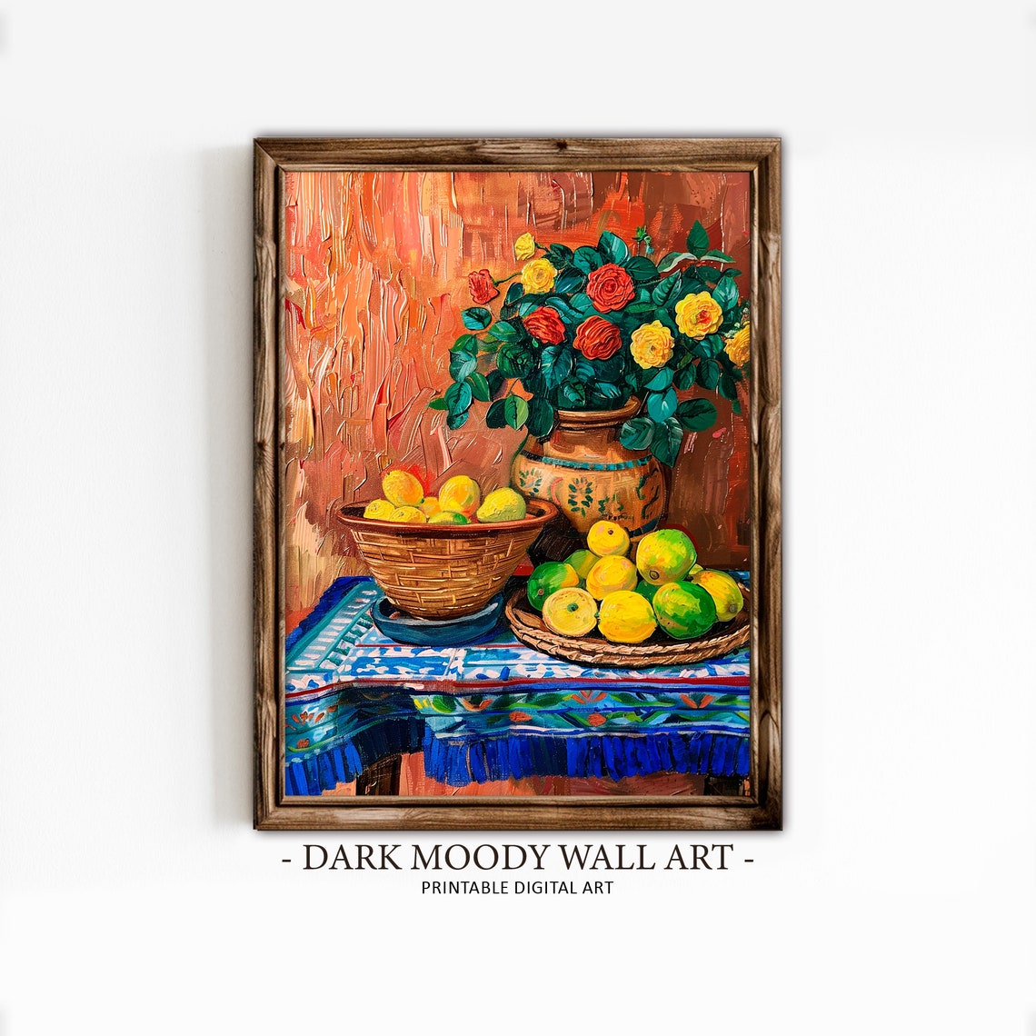 Kitchen Still Life Roses Lemons Limes Clay Vase Colorful Art Poster
