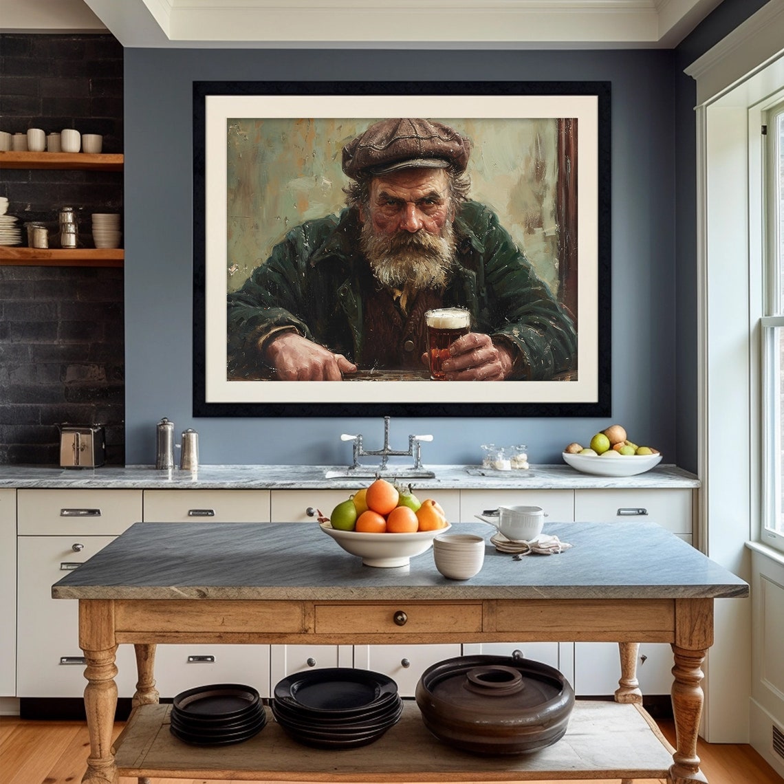 Old Man Portrait With Beer Glass Rustic Dark Moody Painting Poster - Image 3