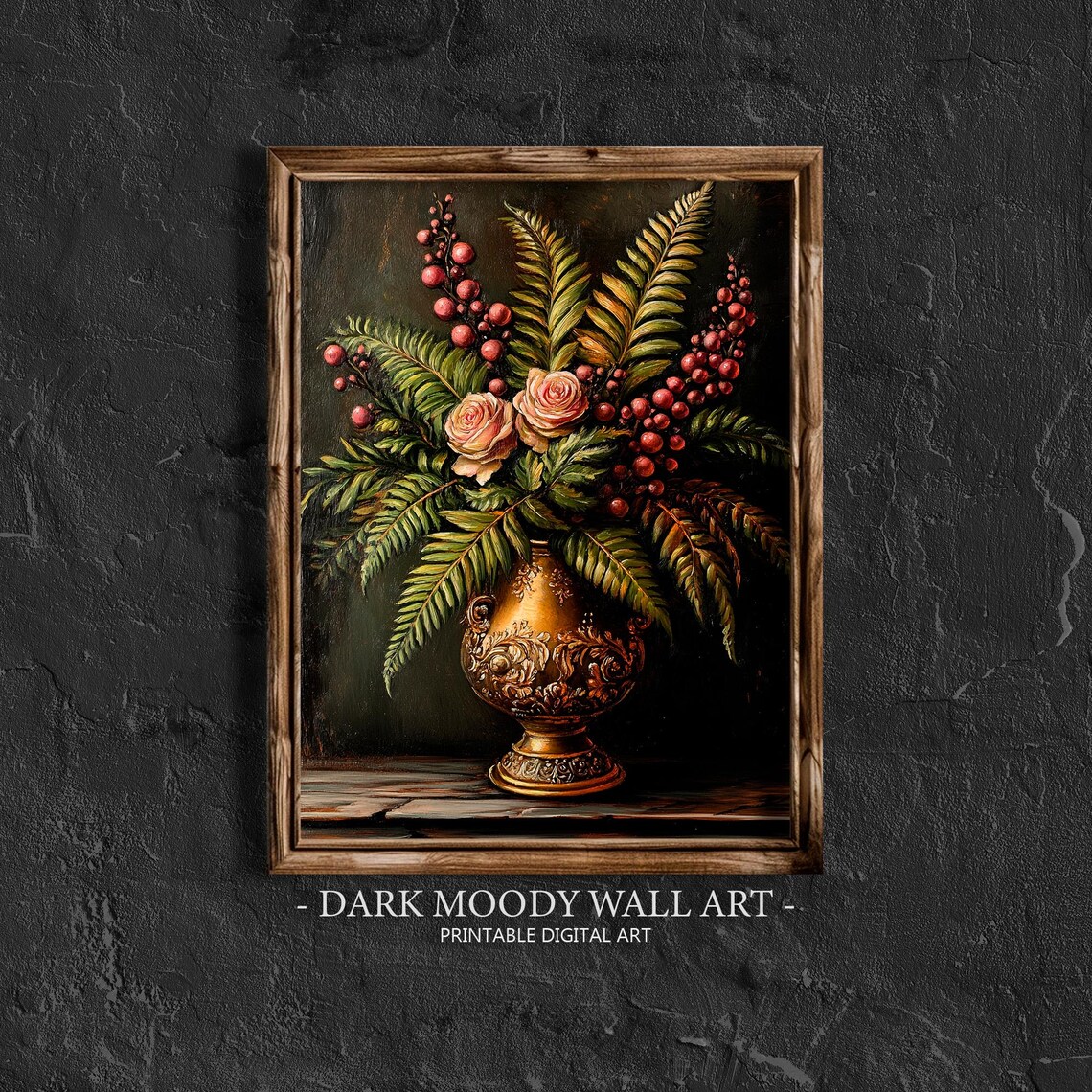 Roses and Berries in Gold Vase Moody Floral Still Life Poster