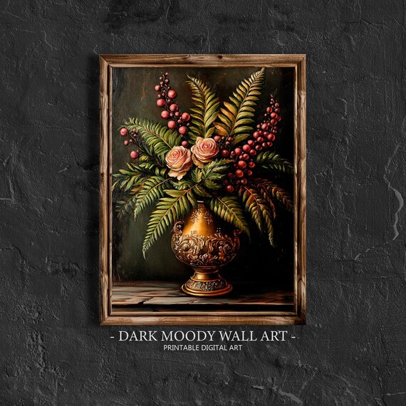 Gothic Fern And Roses Wall Art Dark Cottagecore Print Botanical Witchy Wall Art Dark Moody Wall Art Dark Academia Decor