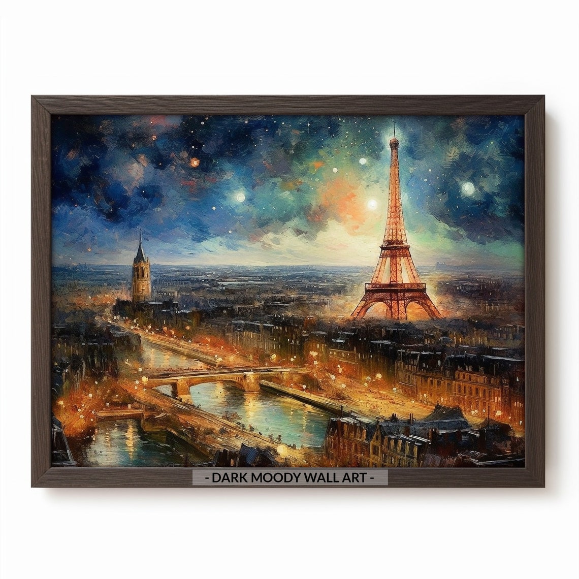 Paris Night Eiffel Tower Cityscape Starry Sky Painting Poster