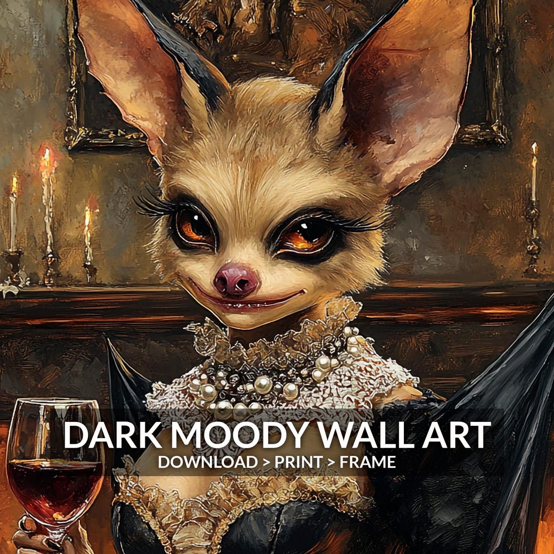 Gothic Bat Lady Black Gown Wine Glass Fireside Portrait Art Poster - Image 6