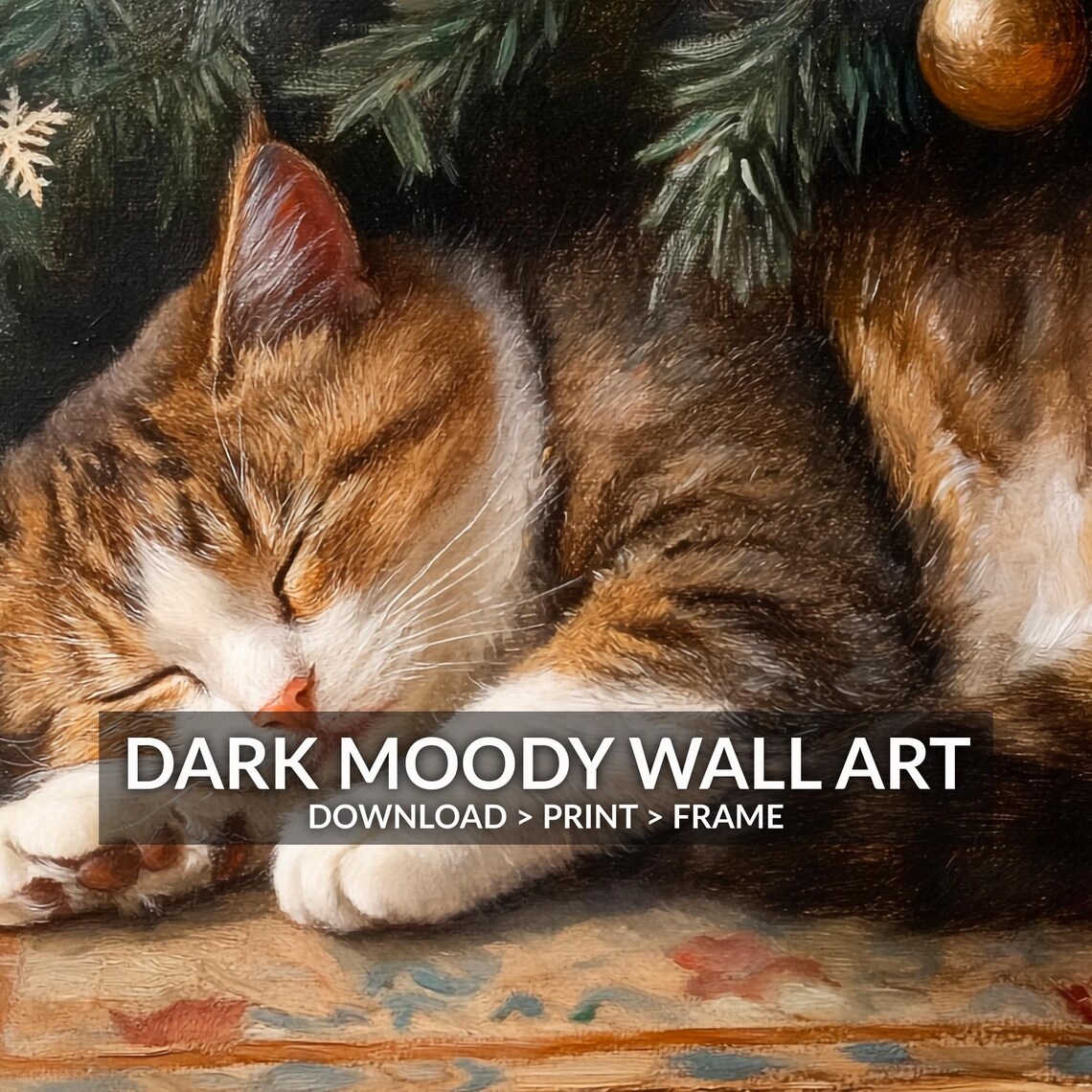 Cat Sleeping Under Christmas Tree, Vintage Art Print - Image 5