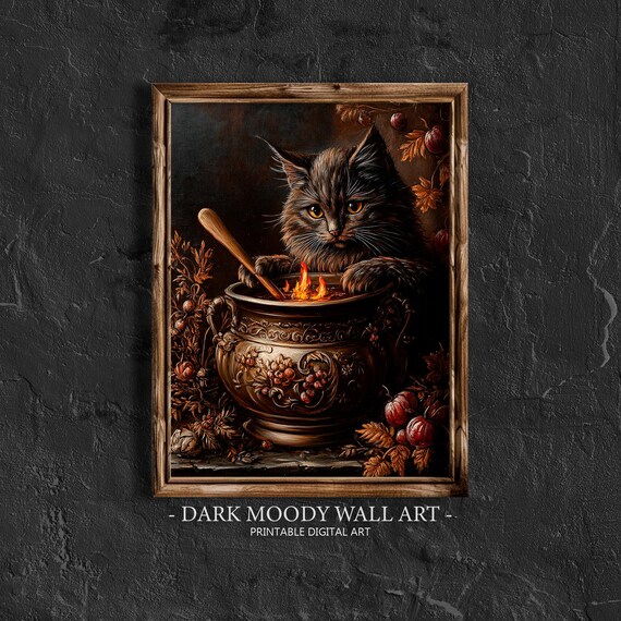 Fluffy Black Cat Stirring Witch Cauldron Autumn Botanicals Halloween Poster