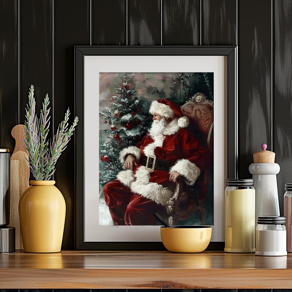 Santa Claus Chair Christmas Tree Vintage Painting Holiday Decor Poster - Image 5