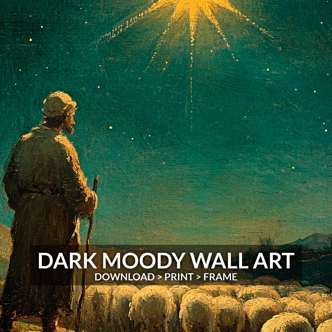 Shepherd And Flock Under Bright Christmas Star Night Sky Wall Art - Image 6