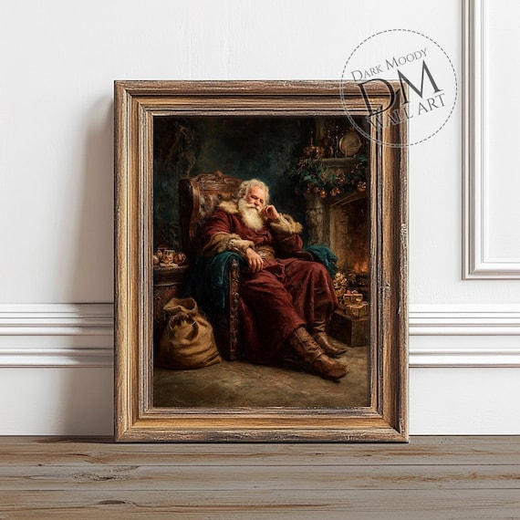 Santa Claus Resting by Fireplace Vintage Christmas Oil Painting Poster