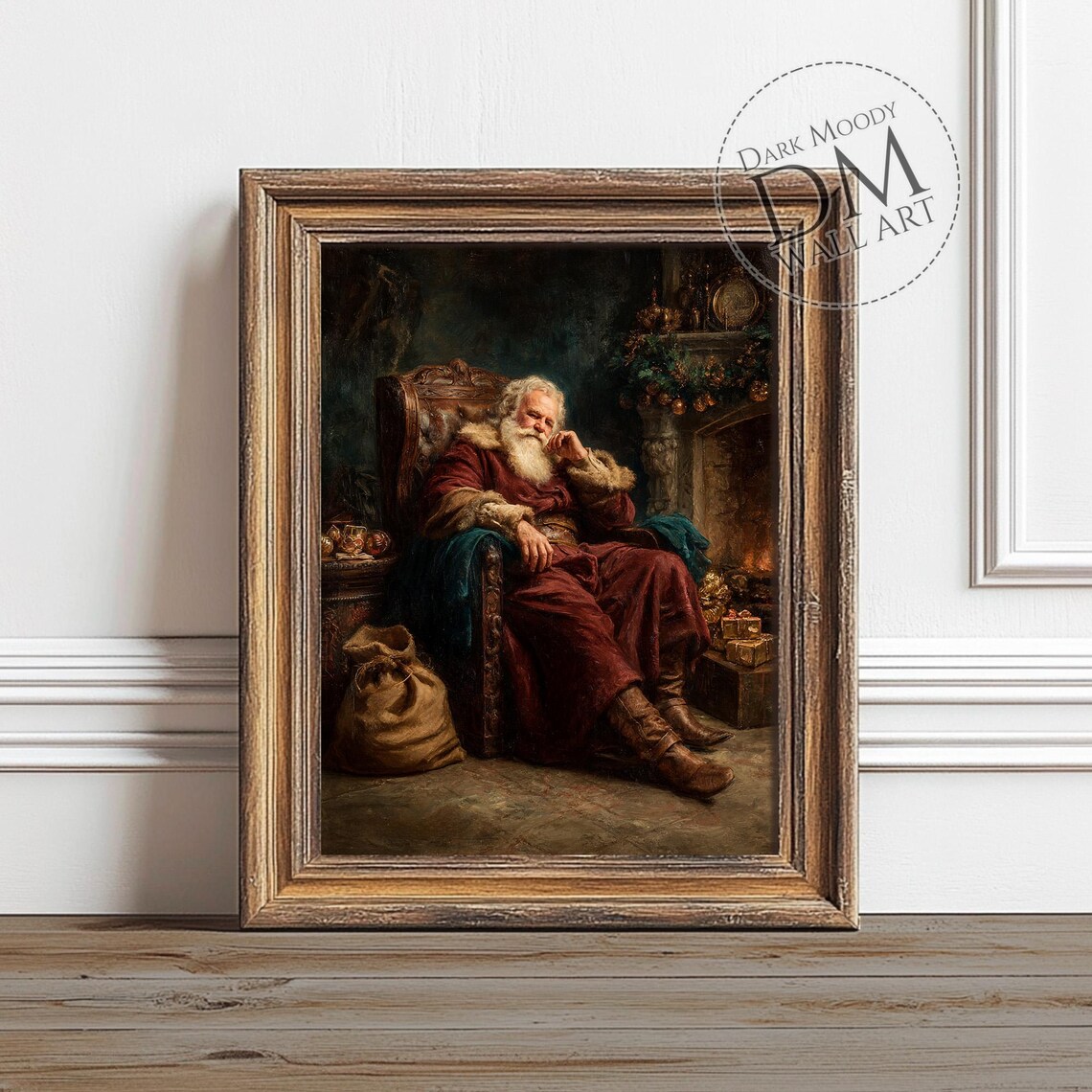 Santa Claus Resting by Fireplace Vintage Christmas Oil Painting Poster