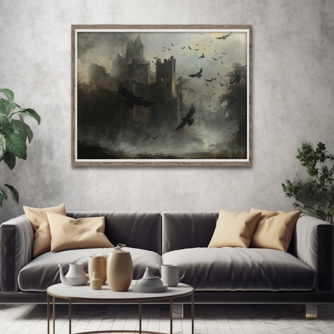 Dark Castle With Circling Crows Print Dark Moody Landscape Art Gothic Halloween Painting - Image 4