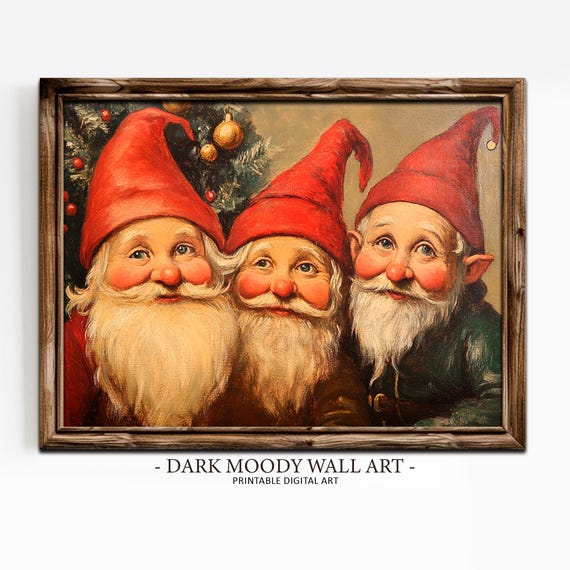 Vintage Christmas Wall Art Christmas Gnomes Print Farmhouse Christmas Home Decor Dark Moody Wall Art Rustic Cottagecore Decor