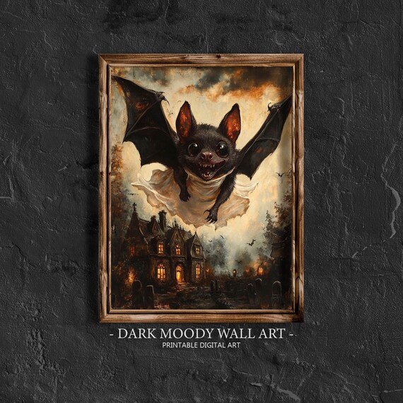 Cute Bat Flying Over a Haunted House Dark Moody Halloween Oil Painting Poster