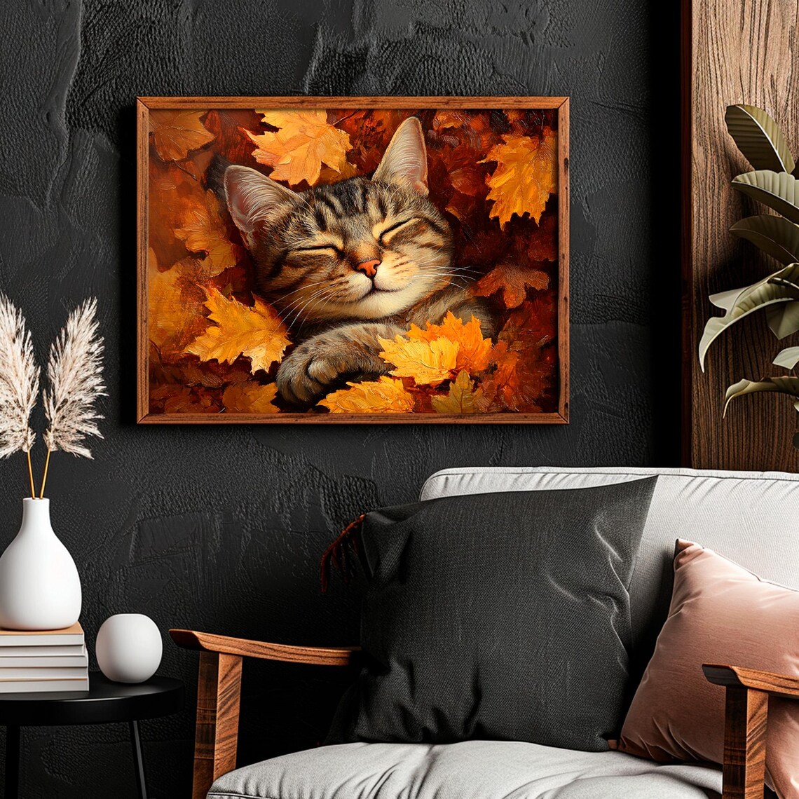 Sleepy Tabby Cat Autumn Maple Leaves Cozy Moody Portrait Poster - Image 6
