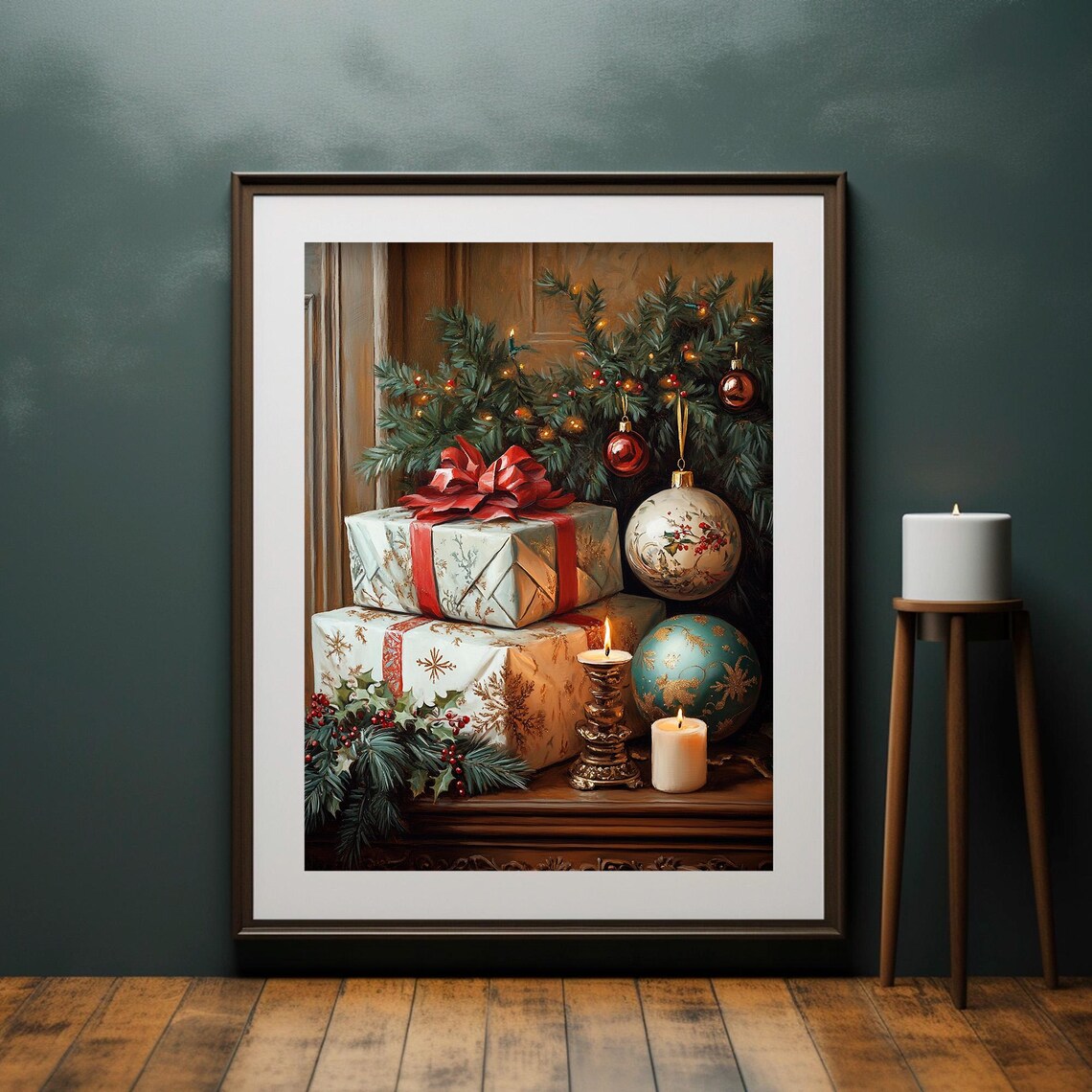 Wrapped Gifts Red Ribbon Ornaments Candles Window Corner Poster - Image 4