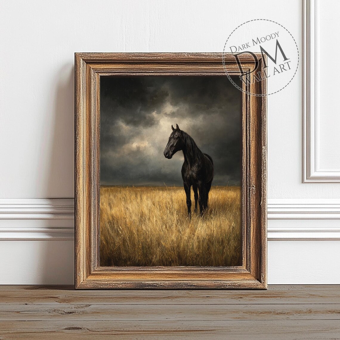 Black Horse In Field Moody Equestrian Art Print