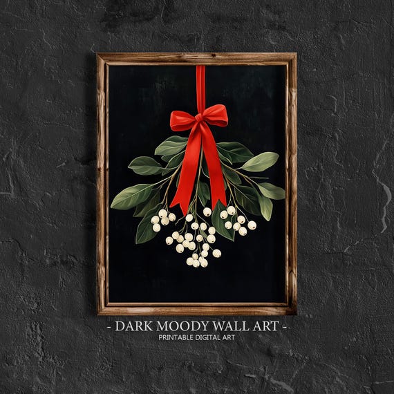 Vintage Mistletoe Painting Christmas Decor Wall Art Dark Moody Antique Holiday Print Neutral Winter Botanical Poster