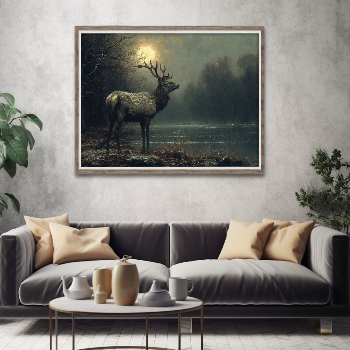 Majestic Stag Under a Full Moon by a Misty Lake Wildlife Painting Poster - Image 2