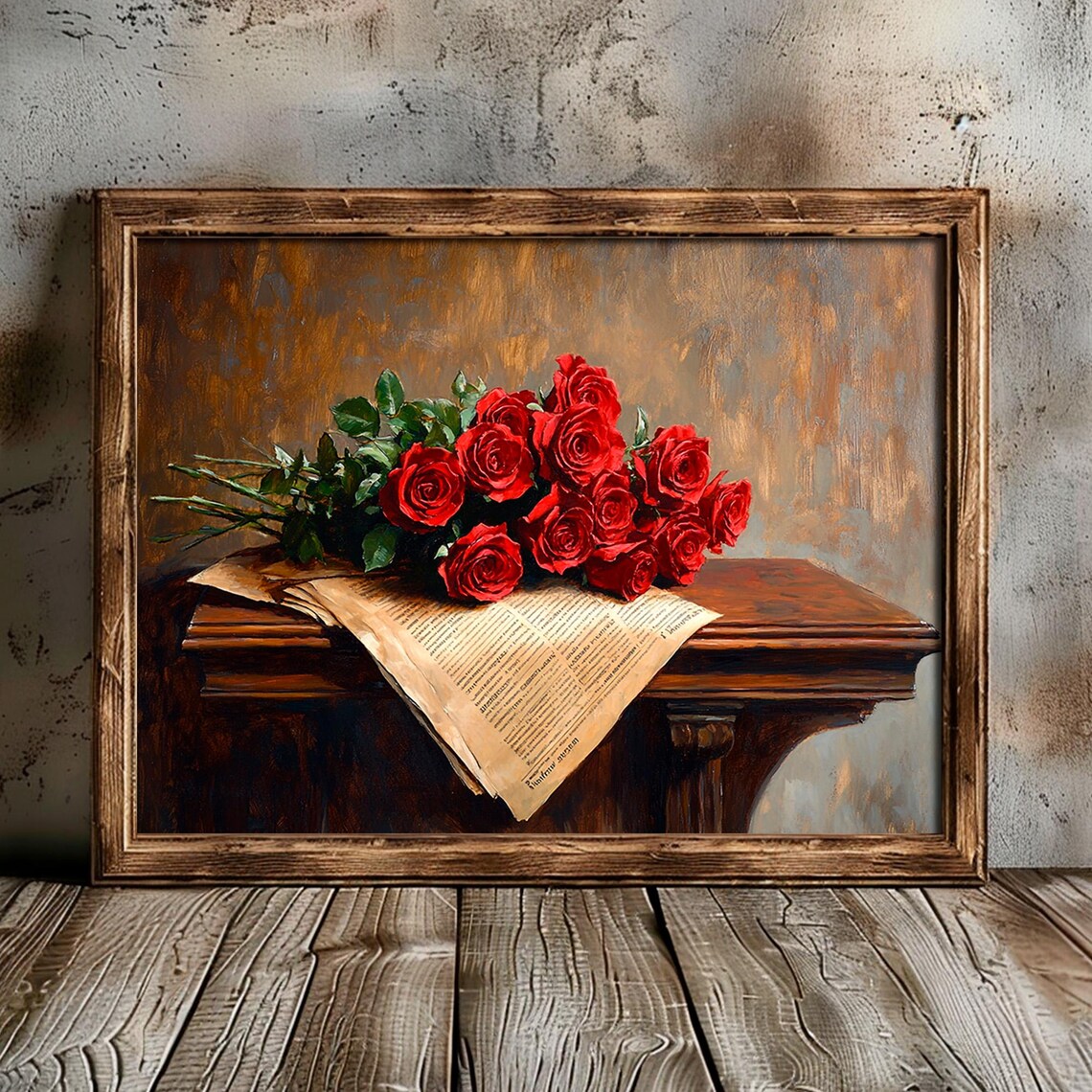 Red Roses Bouquet on Vintage Newspaper Moody Still Life Poster - Image 4