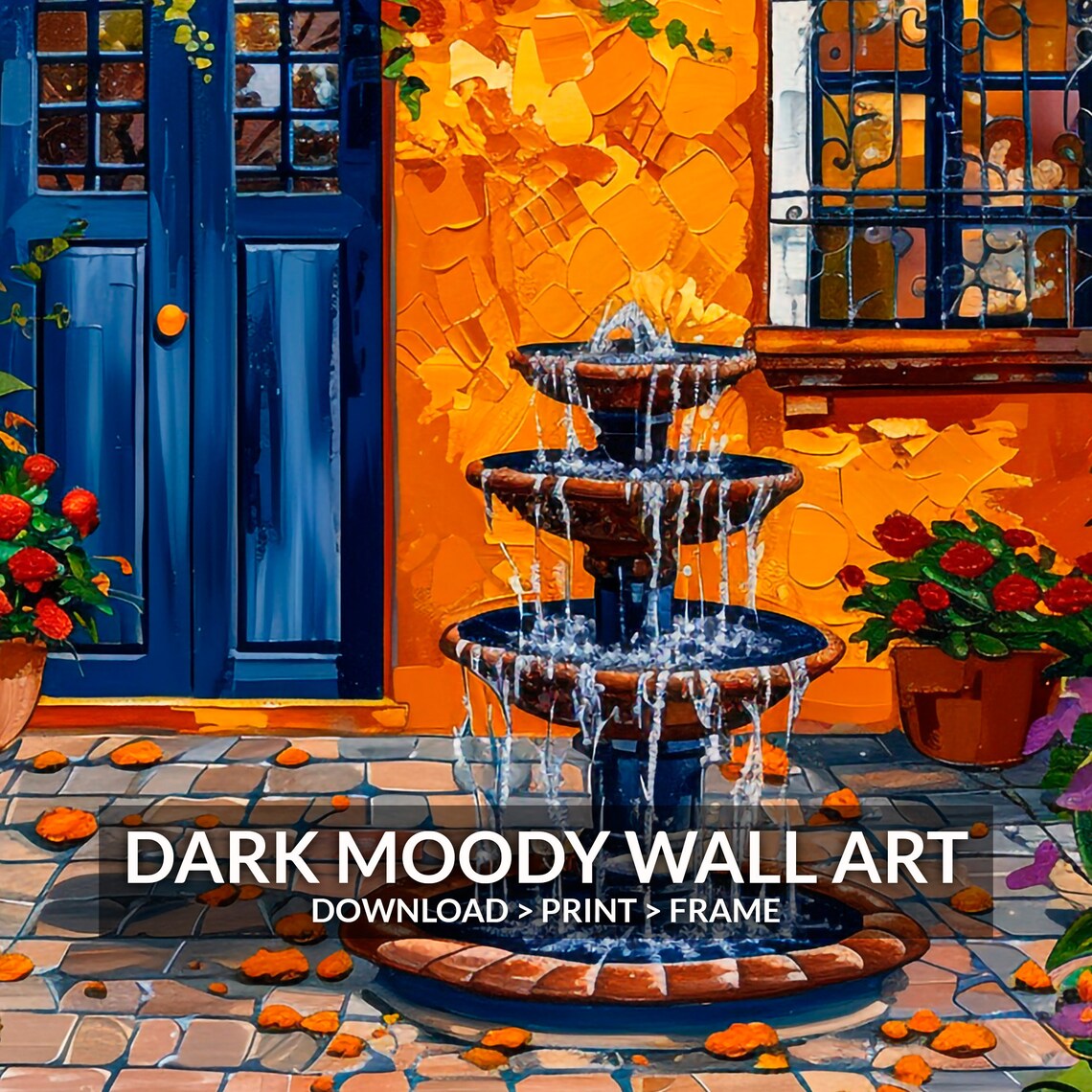 Golden Mexican Courtyard Fountain Blue Door Sunflowers Art Print - Image 6