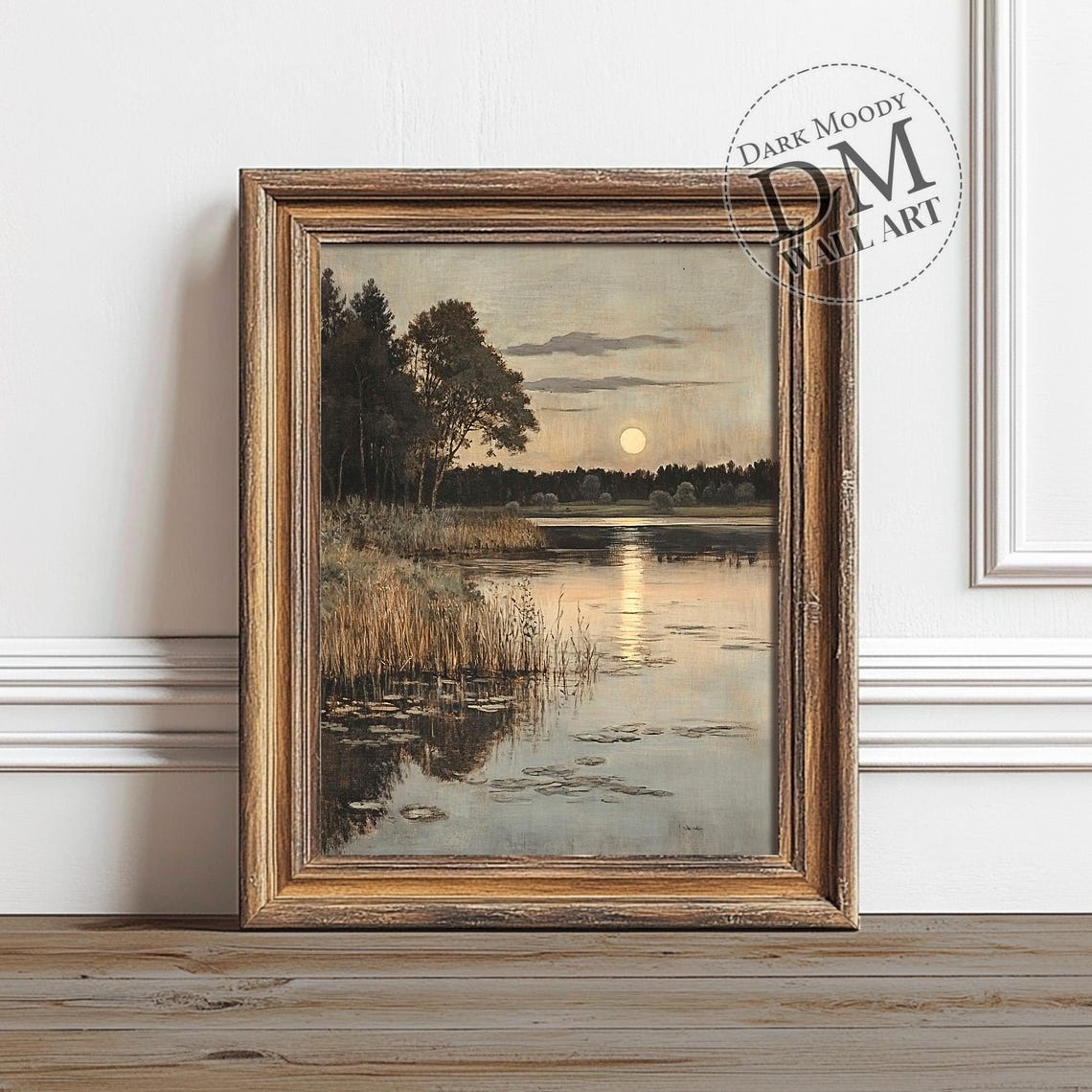 Moonlit Lake Vintage Landscape Reeds Water Reflection Calm Night Print
