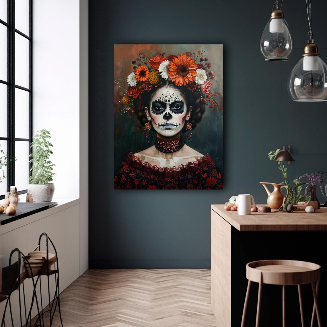 Calavera Woman Orange Flower Crown Day of the Dead Portrait Poster - Image 4
