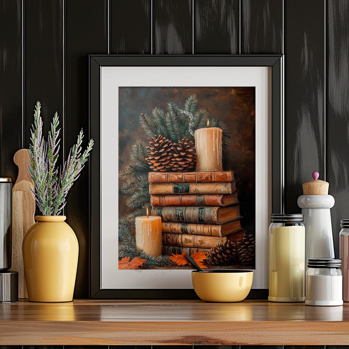 Vintage Books Candles Pine Branches Cozy Winter Still Life Poster - Image 2