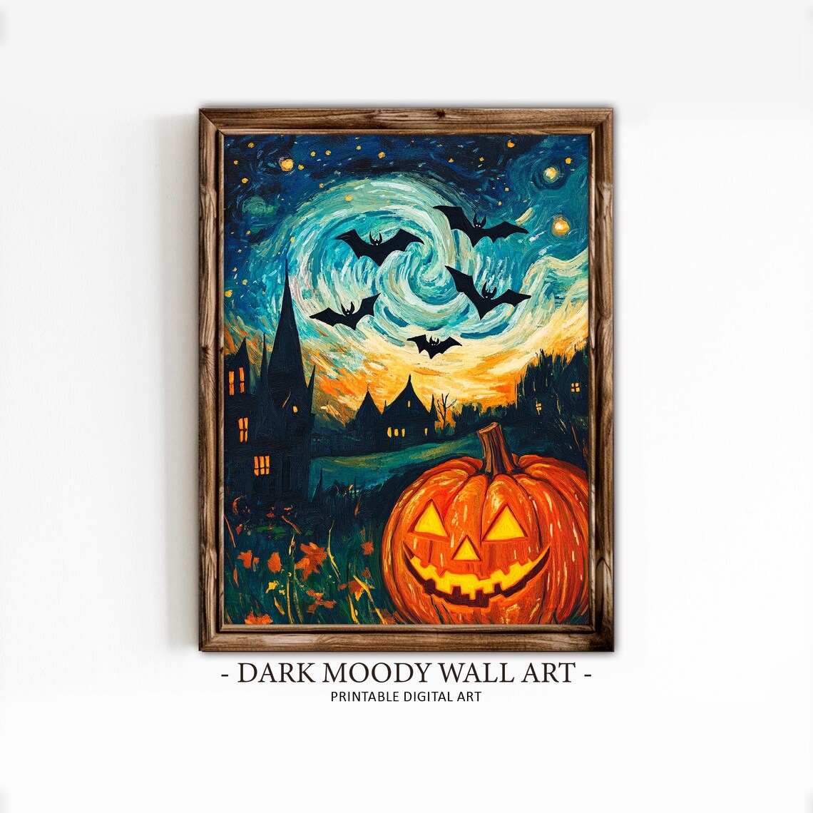 Jack-o-Lantern With Bats Under Swirling Starry Night Gothic Spooky Poster - Image 5