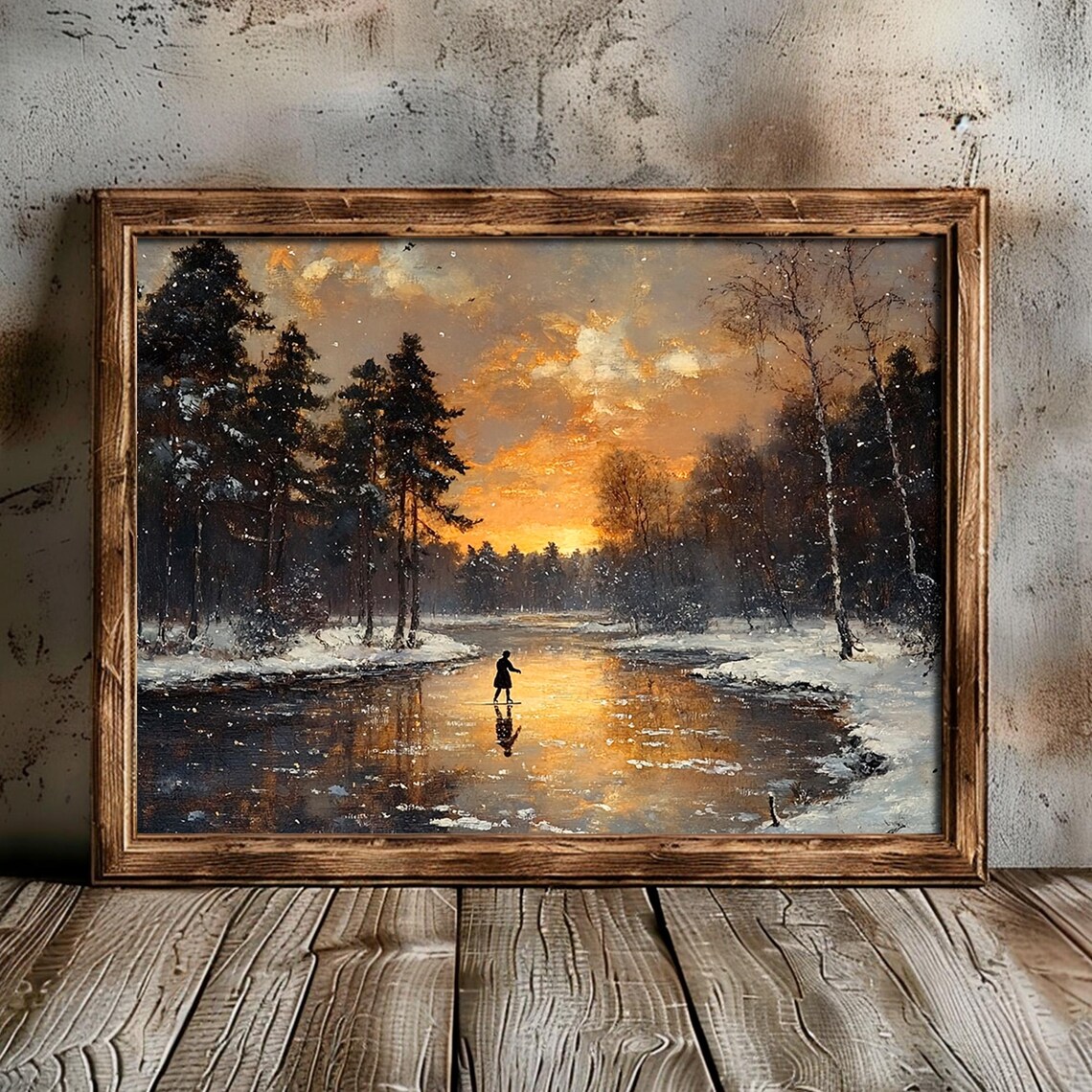 Winter Sunset Frozen River Lone Skater Landscape Painting Poster - Image 2