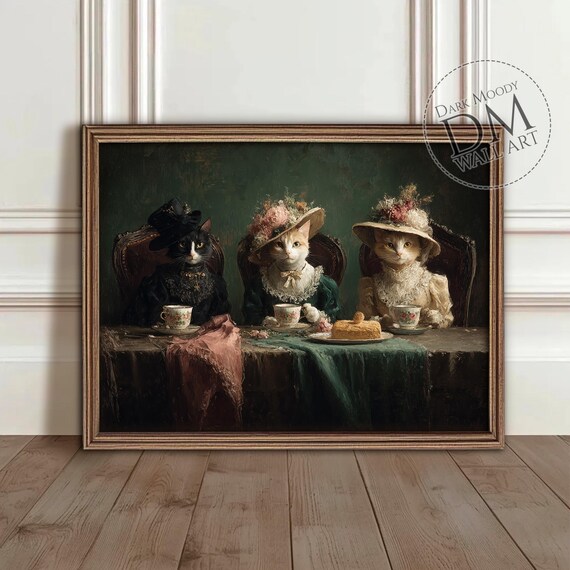 Victorian Cats Tea Party Wall Art Gothic Animal Portrait Coquette Print