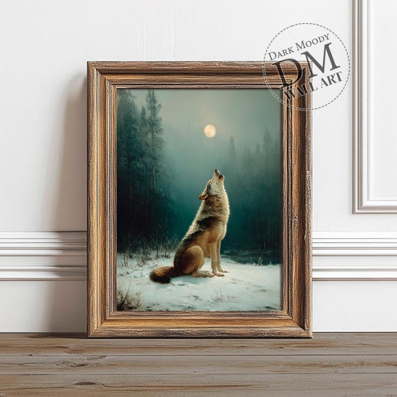 Howling Wolf Wall Art Moody Winter Forest Animal Print