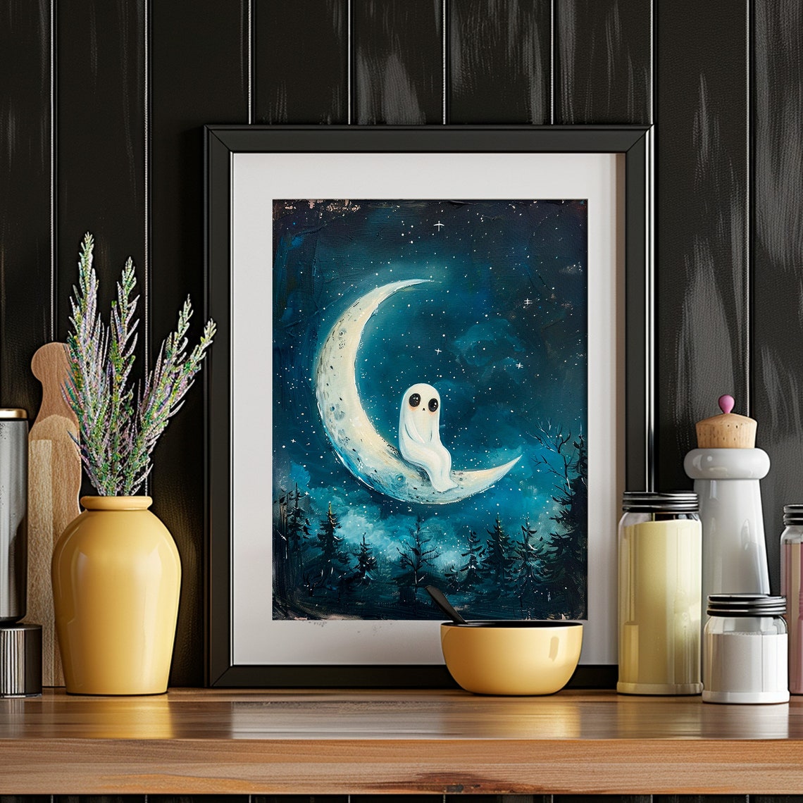 Cute Ghost Sitting On Crescent Moon Starry Night Sky Art Print - Image 2
