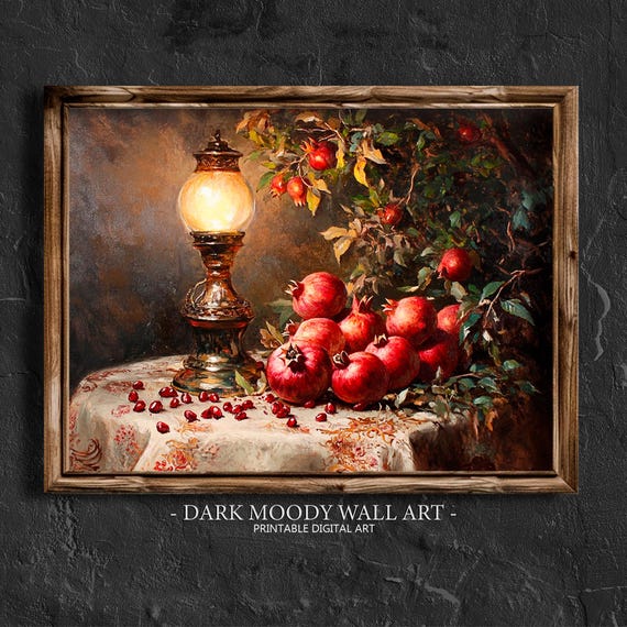 Pomegranate Wall Art Fall Wall Art Autumn Vintage Kitchen Wall Art Rustic Fall Decor Dark Moody Print Fruit Oil Painting