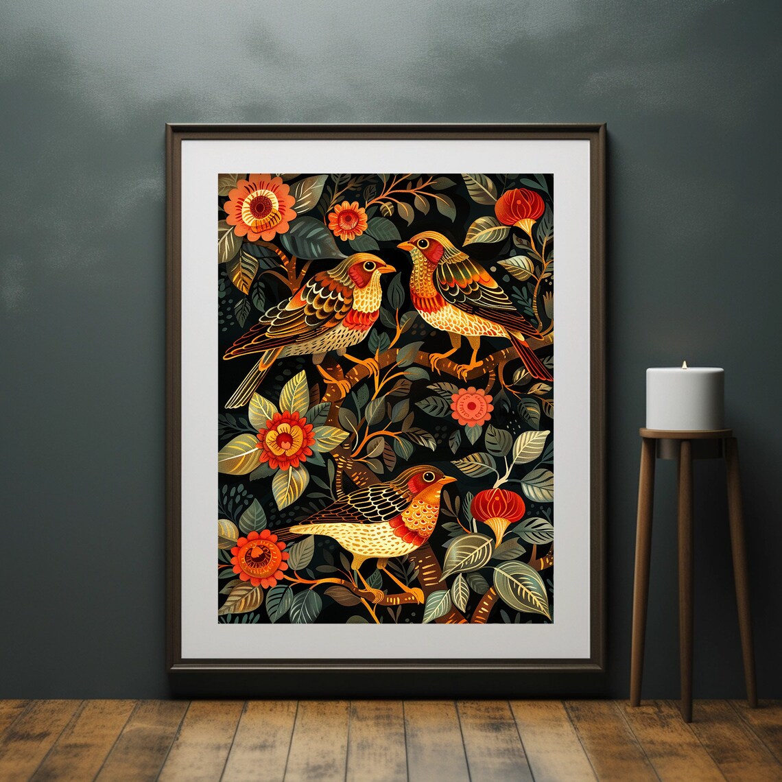 Colorful Folk Art Birds with Flowers Russian Khokhloma Style Poster - Image 5