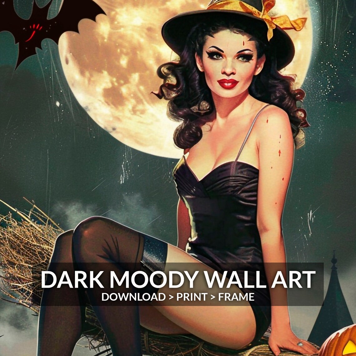 Pin Up Witch Broomstick Full Moon Haunted House Vintage Art Print - Image 6