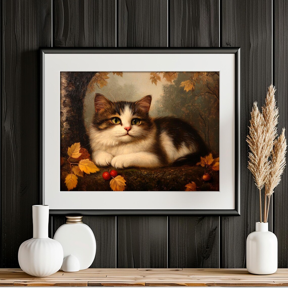 Fluffy Brown White Cat Autumn Berries Vintage Moody Portrait Poster - Image 2