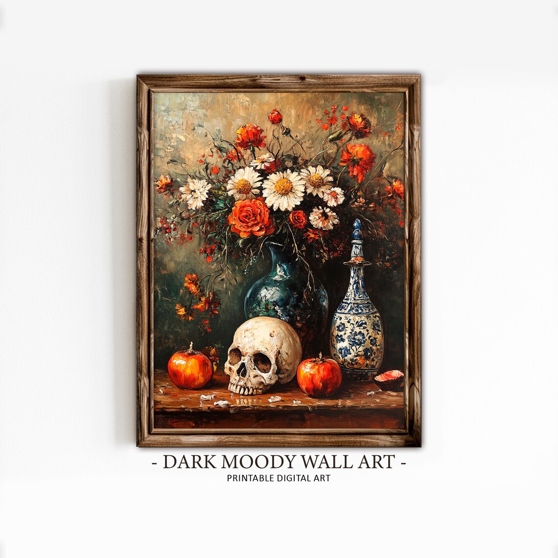 Gothic Skull Flower Still Life Vanitas Oil Painting Art Print