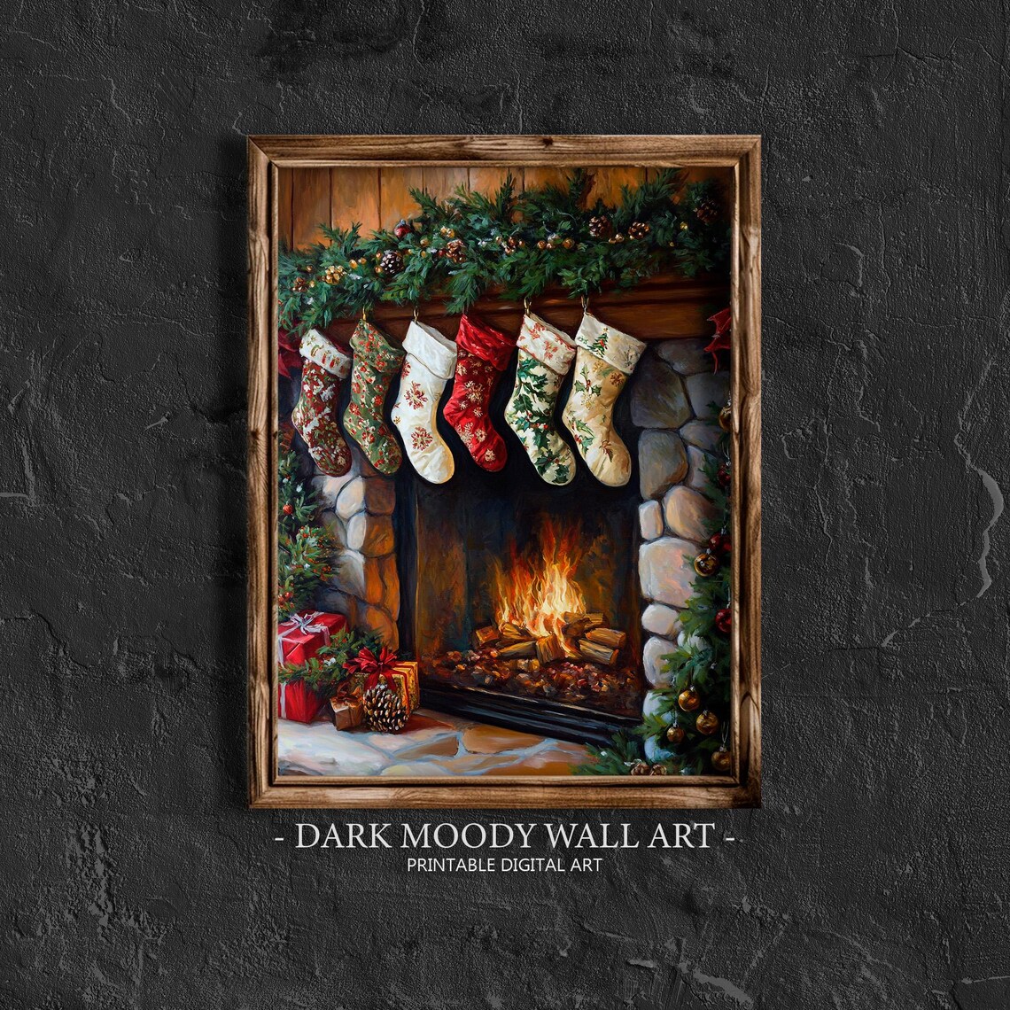 Cozy Fireplace With Hung Stockings and Gifts Christmas Wall Art