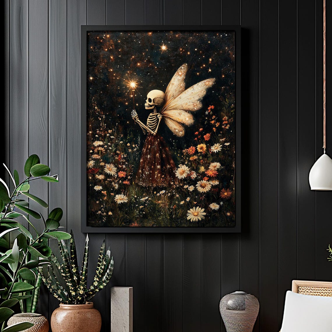 Skeleton Fairy with Wings Starry Night Wildflower Meadow Art Poster - Image 4