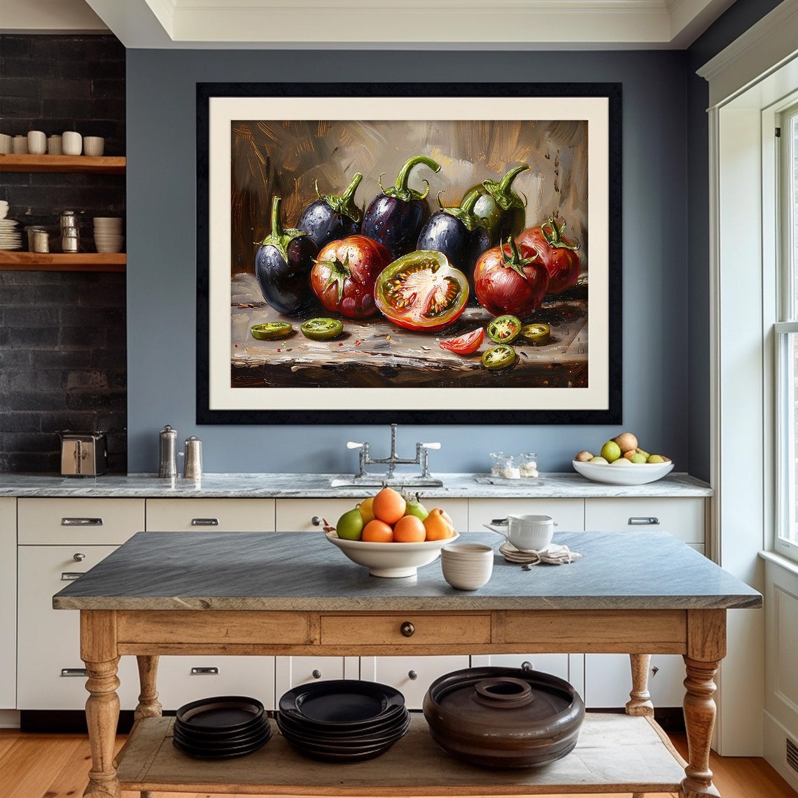 Tomato Eggplant Kitchen Still Life Rustic Vegetable Painting Poster - Image 5