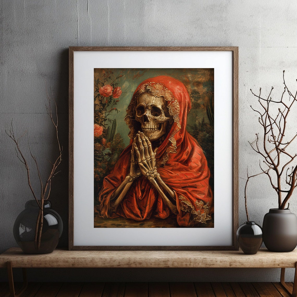 Praying Skeleton Red Shawl Roses Dia de los Muertos Art Poster - Image 2