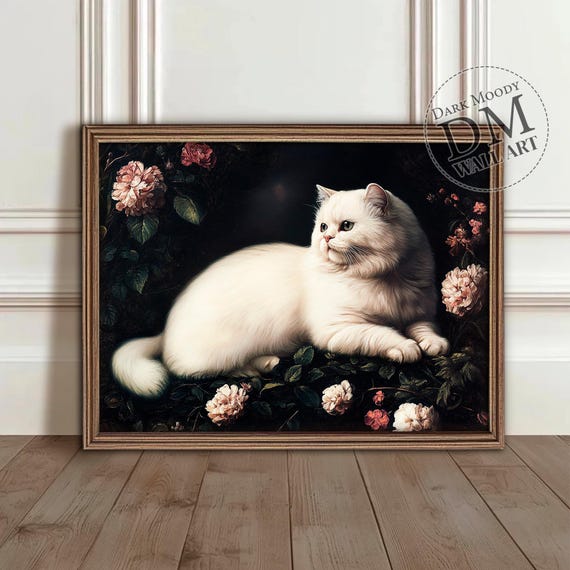 Elegant White Longhaired Cat Among Roses Dark Floral Oil Painting Poster