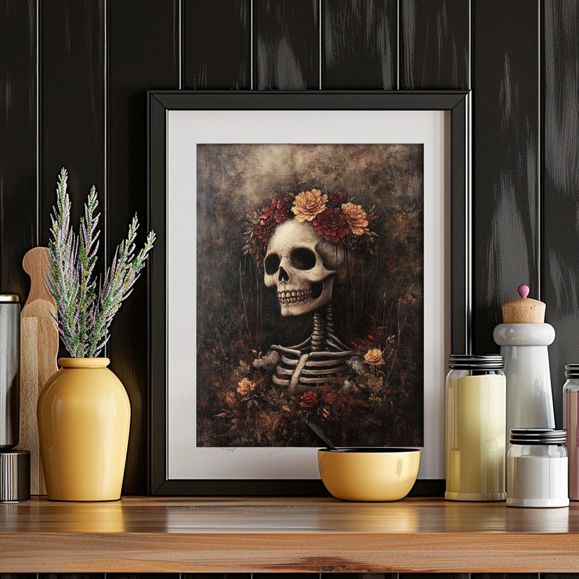 Skeleton Wearing Flower Crown Dark Romance Gothic Halloween Art Poster - Image 4