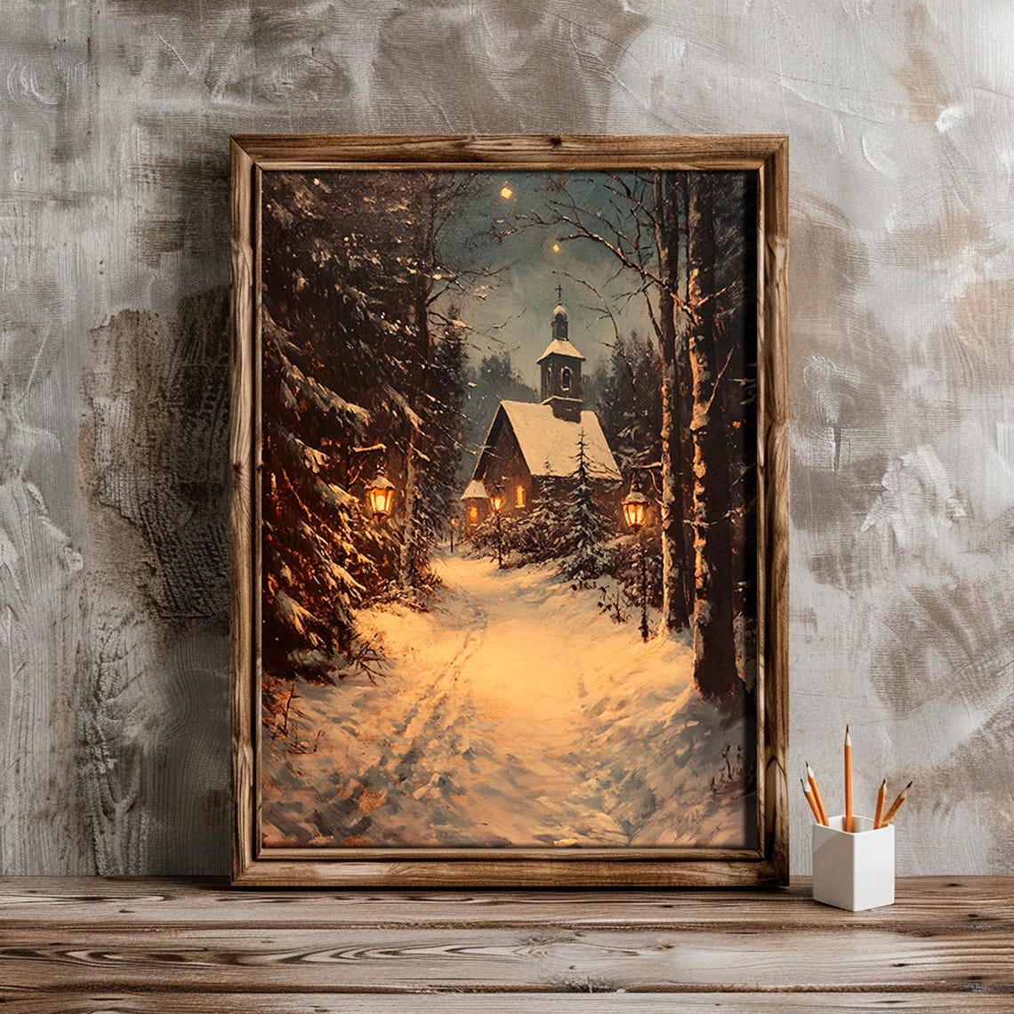 Snowy Chapel in the Woods Lantern Path Winter Painting Poster - Image 2