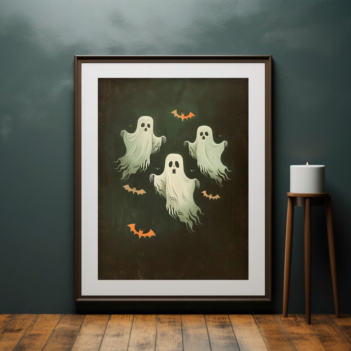 Three Ghosts With Bats Halloween Dark Vintage Nursery Art Poster - Image 6